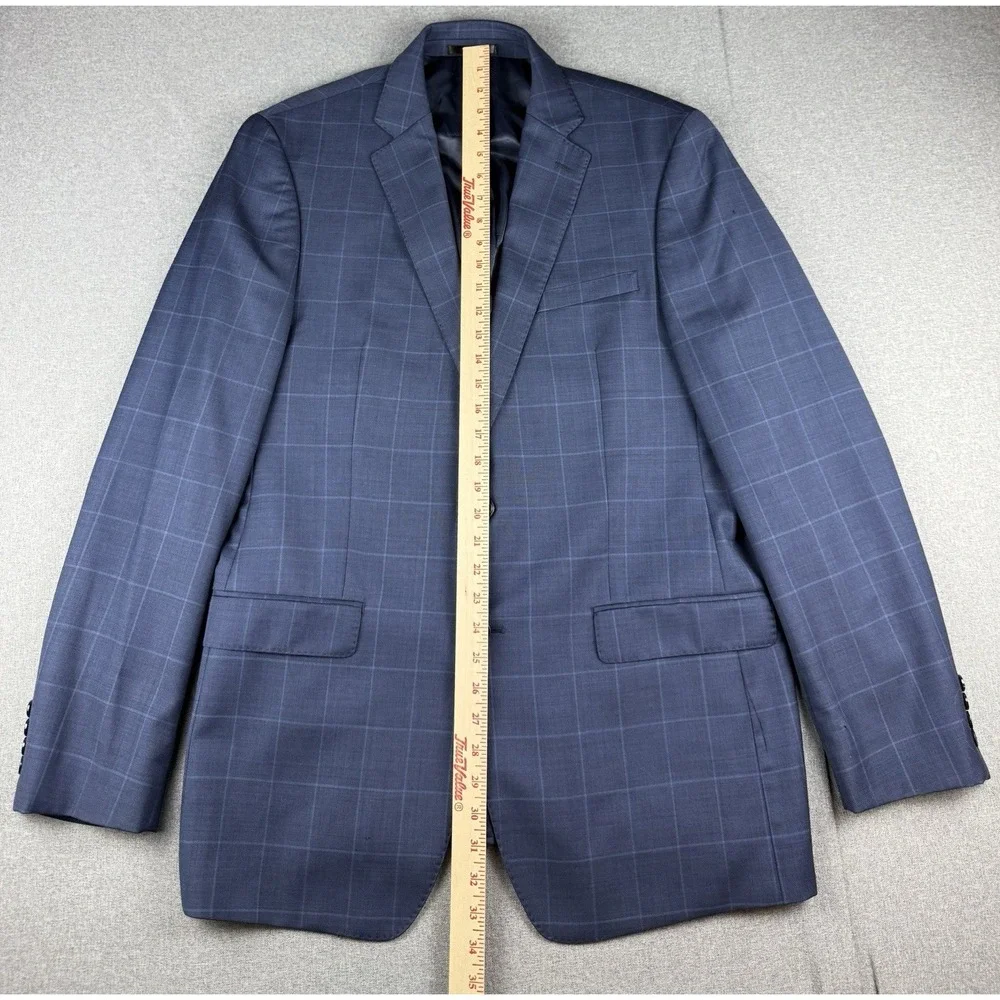 Calvin Klein 44L Blue Windowpane 100% Wool Sport Coat Blazer 2 Button Jacket